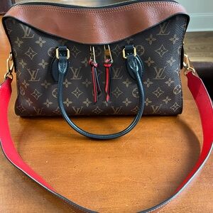 Louis Vuitton Monogram Satchel with Red Strap and Tan Trim